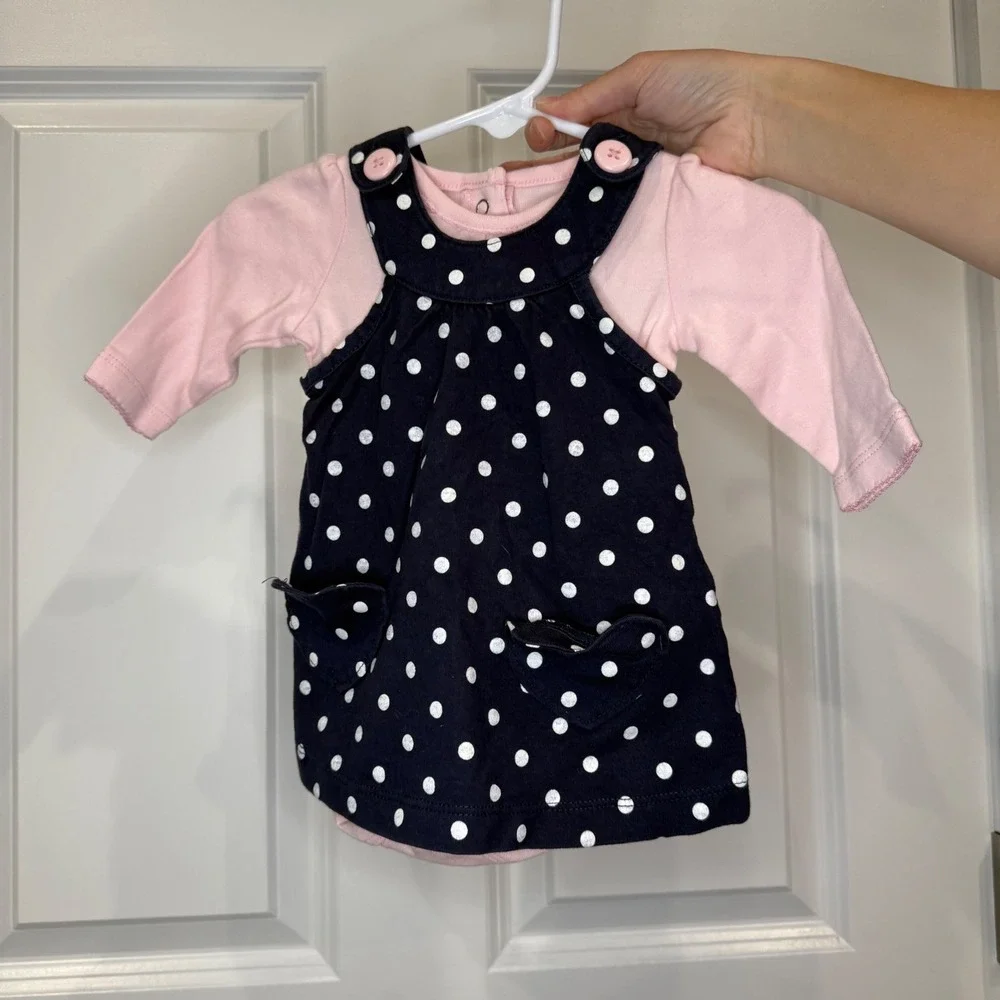 Carter's‎ Baby Girls White Polka Dot Dress W/ Long Sleeve Onesie Size 3 Months